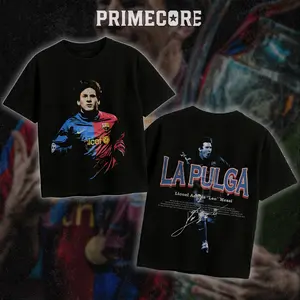 PRIMECORE La Pulga Tee, Retro Messi Soccer Shirt, FC Barcelona Legend Football Fan T-Shirt, Messi Streetwear