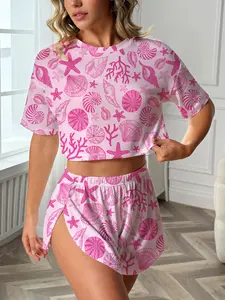 Women's Ocean Element Sleepwear Set, Sea Shell Starfish Coral Print, Casual Comfort Round Neck Short Sleeve Top and Elastic Waist Shorts