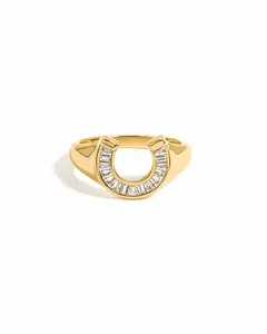Sami Jewels Horseshoe Ring, 925 Sterling Silver Ring, Gold Plated Diamond Baguette Ring, Good Luck Ring, Statement Ring, Stackable Rings for Women