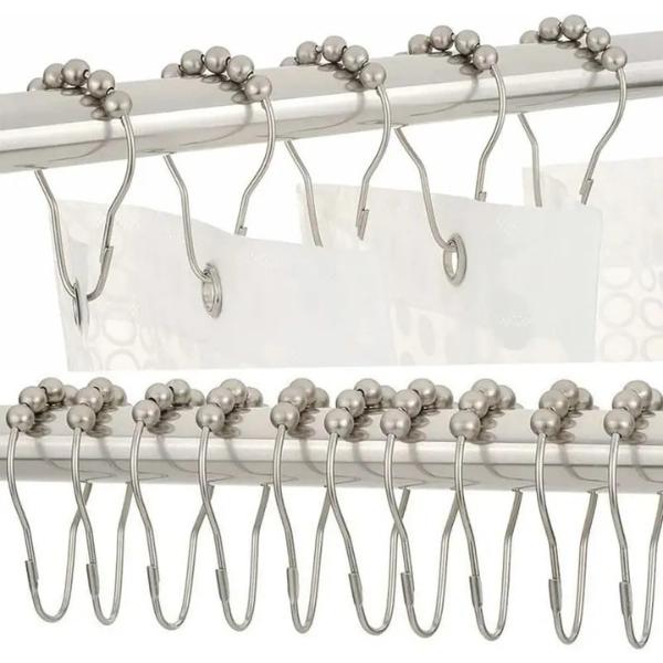 Shower Curtain Hooks, Decorative Rust Proof Stainless Steel Shower Curtain Hooks for Bathroom Shower Rods Set of 12, Polished Nickel (12pcs)