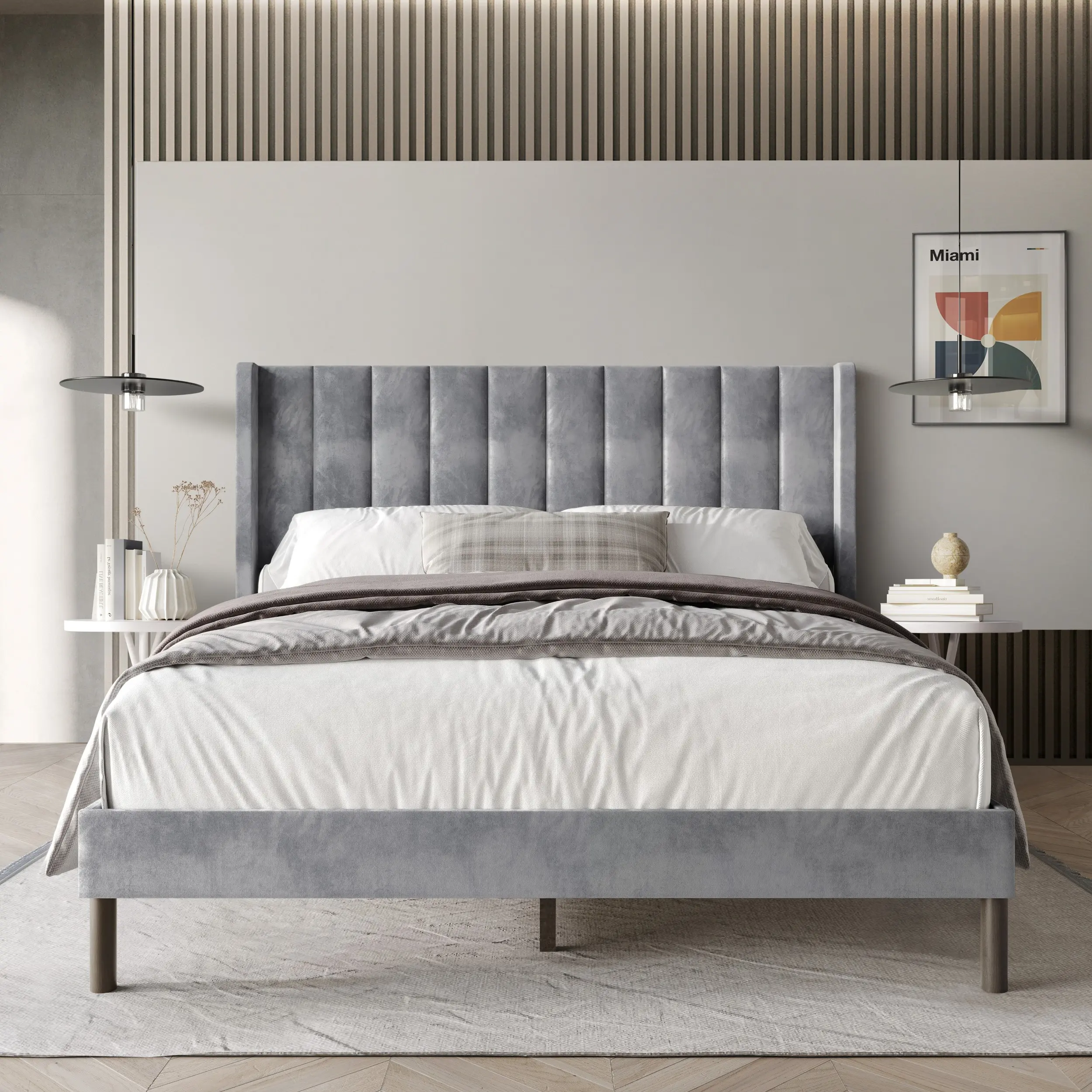 Favorer Herrin Upholstered Wingback Decorative Panel Bed Frame with Headboard - Full Size, Silver Gray/Black, for Modern Bedroom & Apartment Decor, Box Spring Required, Full Size Bedframe, Bed With Headboard