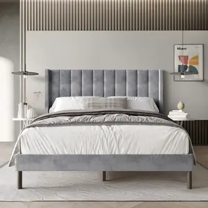 Favorer Herrin Upholstered Wingback Panel Bed for Modern Bedroom Decor, Box Spring Required, Silver Gray/Black