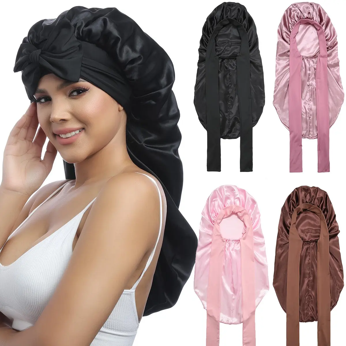 AWAYTR Long Single Layer Satin Bonnet Silk Like Hair Bonnets for Women Sleeping Cap for Hair with Elastic Tie Band Hair Care Cap TikTokShopBlackFriday