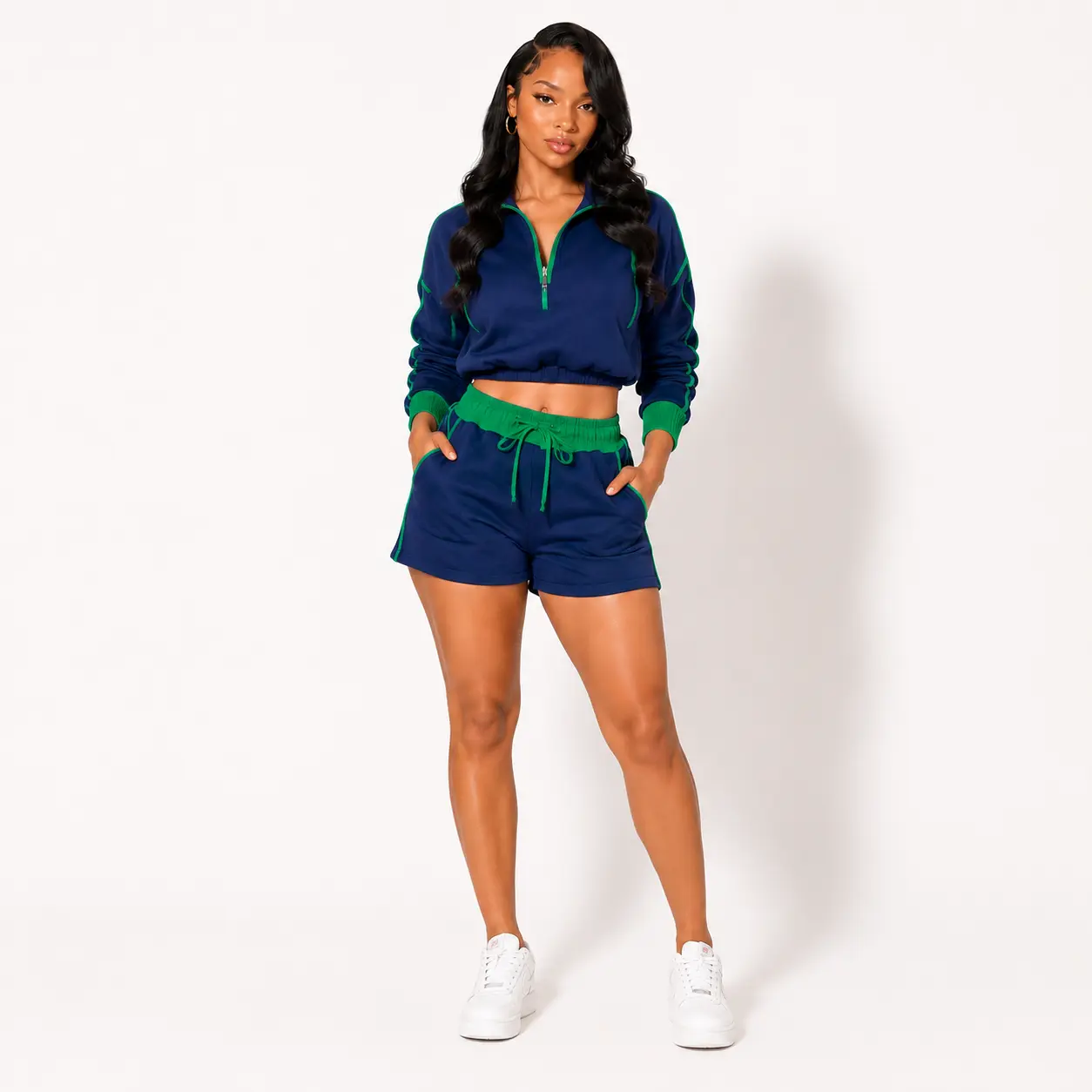 MOTIONKILLER Women's 2-Piece Fashion Set, Long-Sleeve Contrast Zip Top & Polyester Shorts, Women's Apparel Bottoms