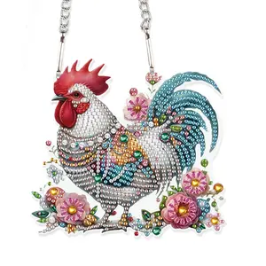 Rooster & Flower Pattern DIY Diamond Arts Colorful Painting Kit, 5D Diamond Arts Colorful Painting Pendant Kit, Hanging Window Pendant Ornament for Home Decoration and Gift, Diamond Painting Kits