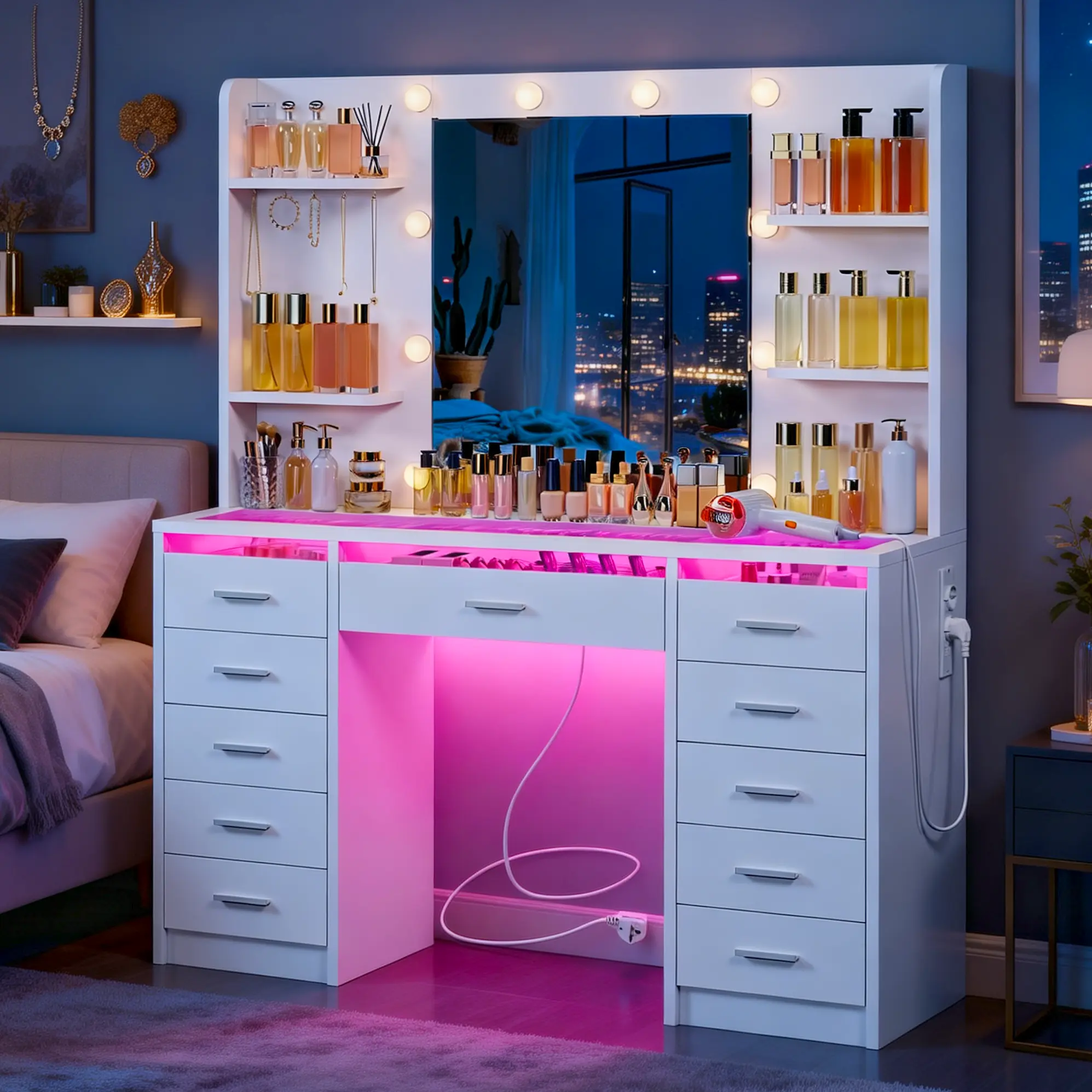 Makuep Vanity Desk with Charging Station, RGB LED Strip, 11 Drawers, Glass Top Makeup Dressing Table with 5 Metal Hooks，Vanity Table for Bedroom, Dorm Essentials, White