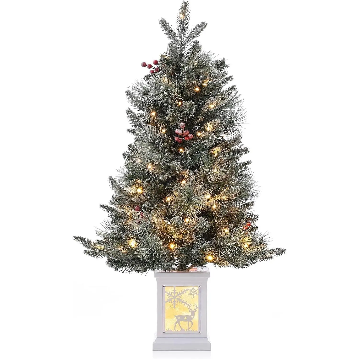 GARVEE 90cm Artificial Christmas Tree with 78 Warm White LEDs - 3ft Battery-Powered Artificial Christmas Tree with 8 Lighting Modes, Christmas Tree with Dense Branches, Artificial Fir Tree with Red Berries