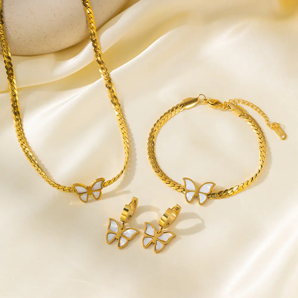 Fashionable Jewelry Set for Women, 3-Piece Titanium Shell Butterfly Costume Collection with Blade Chain Necklace, Bracelet & Stud Earrings, Bracelets Set, Daily Wear, Butterfly/Dragonfly, Butterfly Necklace+Bracelet+Earrings