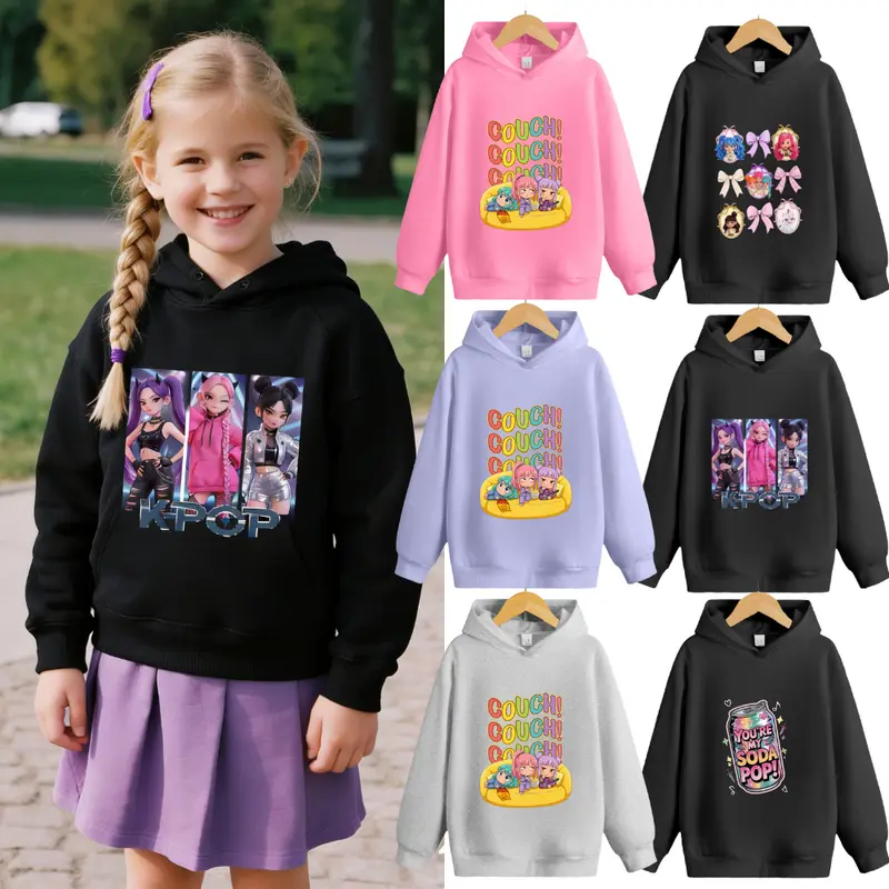 Girls' 1pc Funny Movie Long-Sleeved Hoodie/Jumper, Back-to-School Regular Fit Autumn Casual Wear, Children's Playful Print Apparel, Comic-Themed Girls' Hoodies & Sweatshirts, Kpop Theme Cartoon Graphic Top