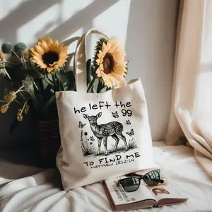 "He Left The 99 To Find Me" Matthew 18:12-14 Christian Tote Bag, Deer/ Sheep Pattern, Religious Gift, Vintage Print Tote Bag, Fashionable And Versatile
