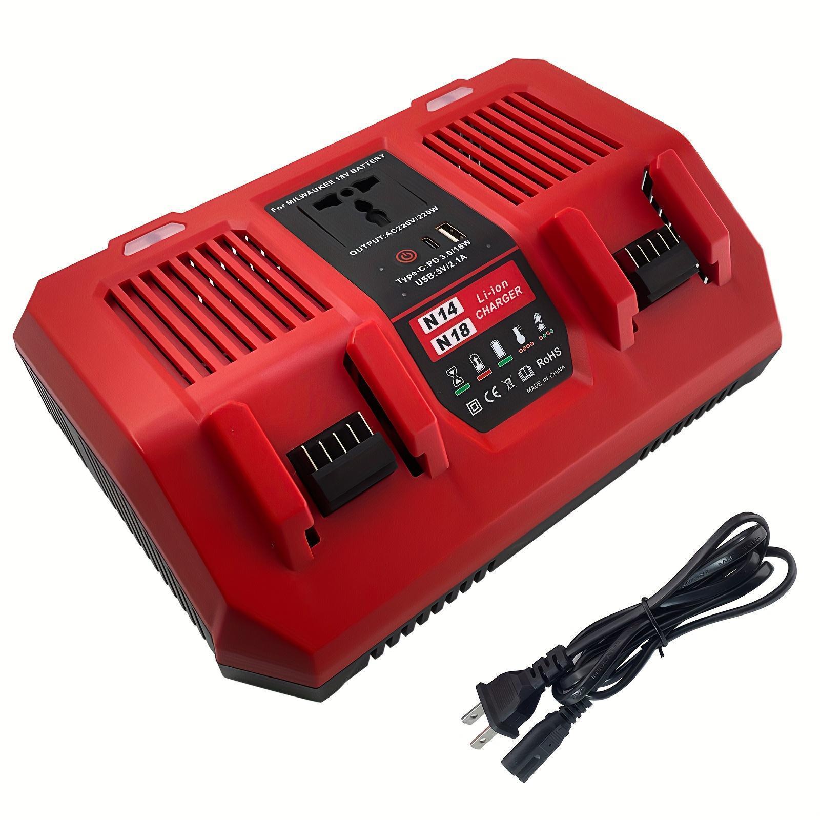 Dual Battery Charger Fit for Milwaukee M18 18V, 8A Fast Charging Station with 220W AC Inverter, Type-C & USB-A Ports, Compatible with Milwaukee M18 14.4V/18V Lithium Battery, Dual Port Simultaneous Charger for Power Tools