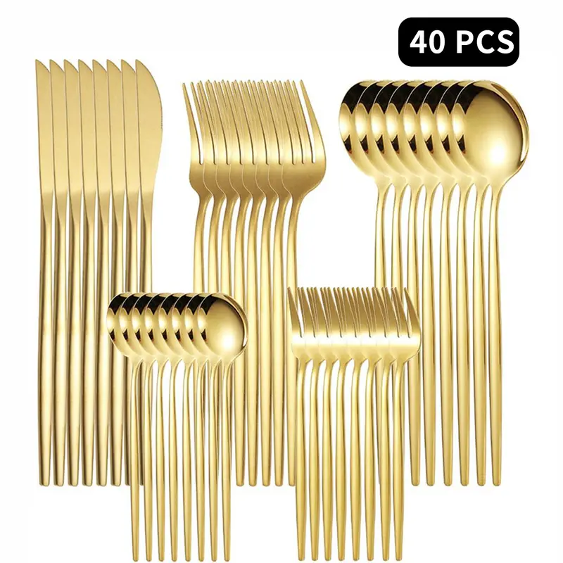 40-Piece Gold Stainless Steel Silverware Set for 6 - Mirror-Polished Knives Forks Spoons Teaspoons & Dessert Forks Durable Dishwasher-Safe, little  silverware Flatware Set with Knives Organizer tableware