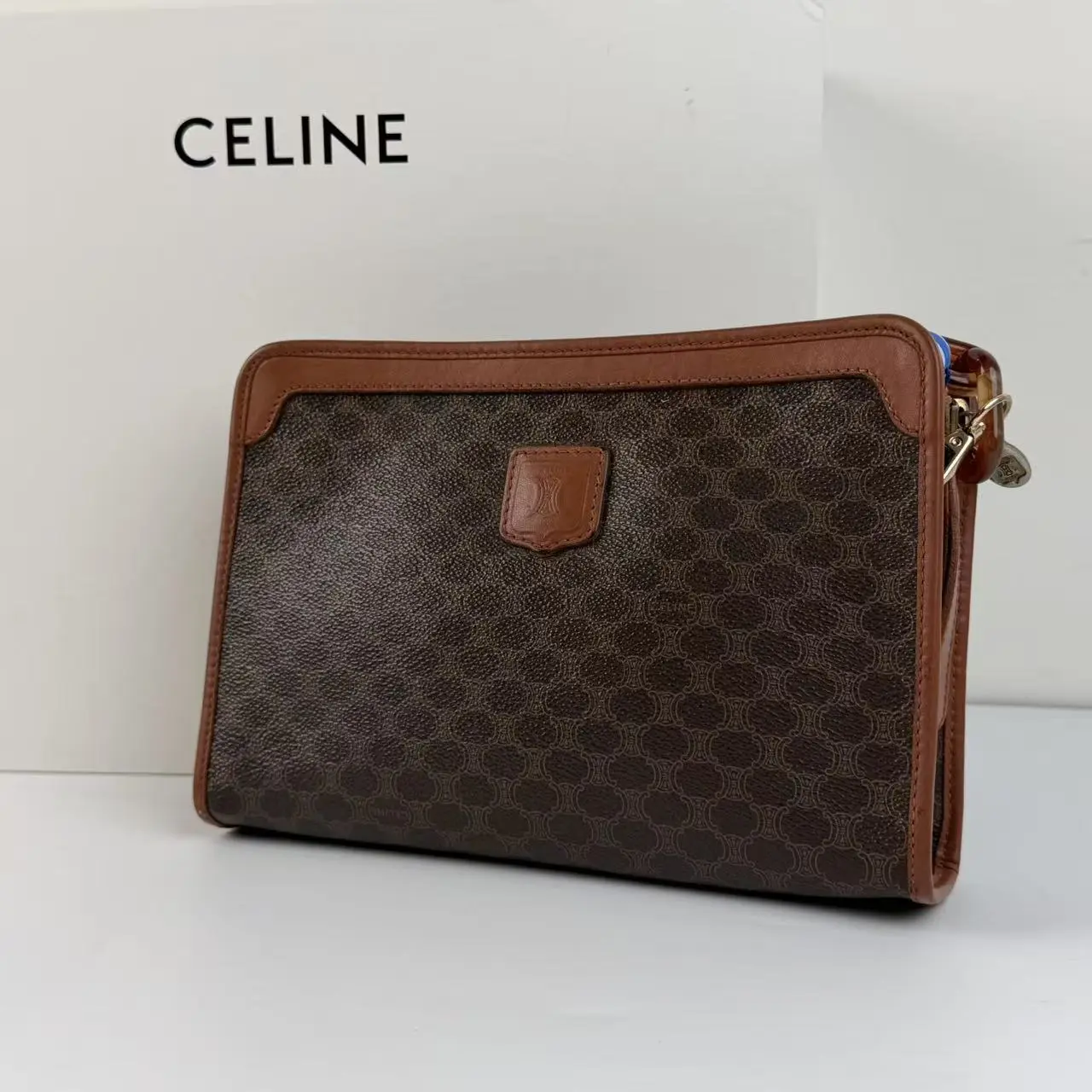 Pre-owned Celine Macadam Triomphe Canvas Fashion Clutch, Pre Loved Wristlet Bag