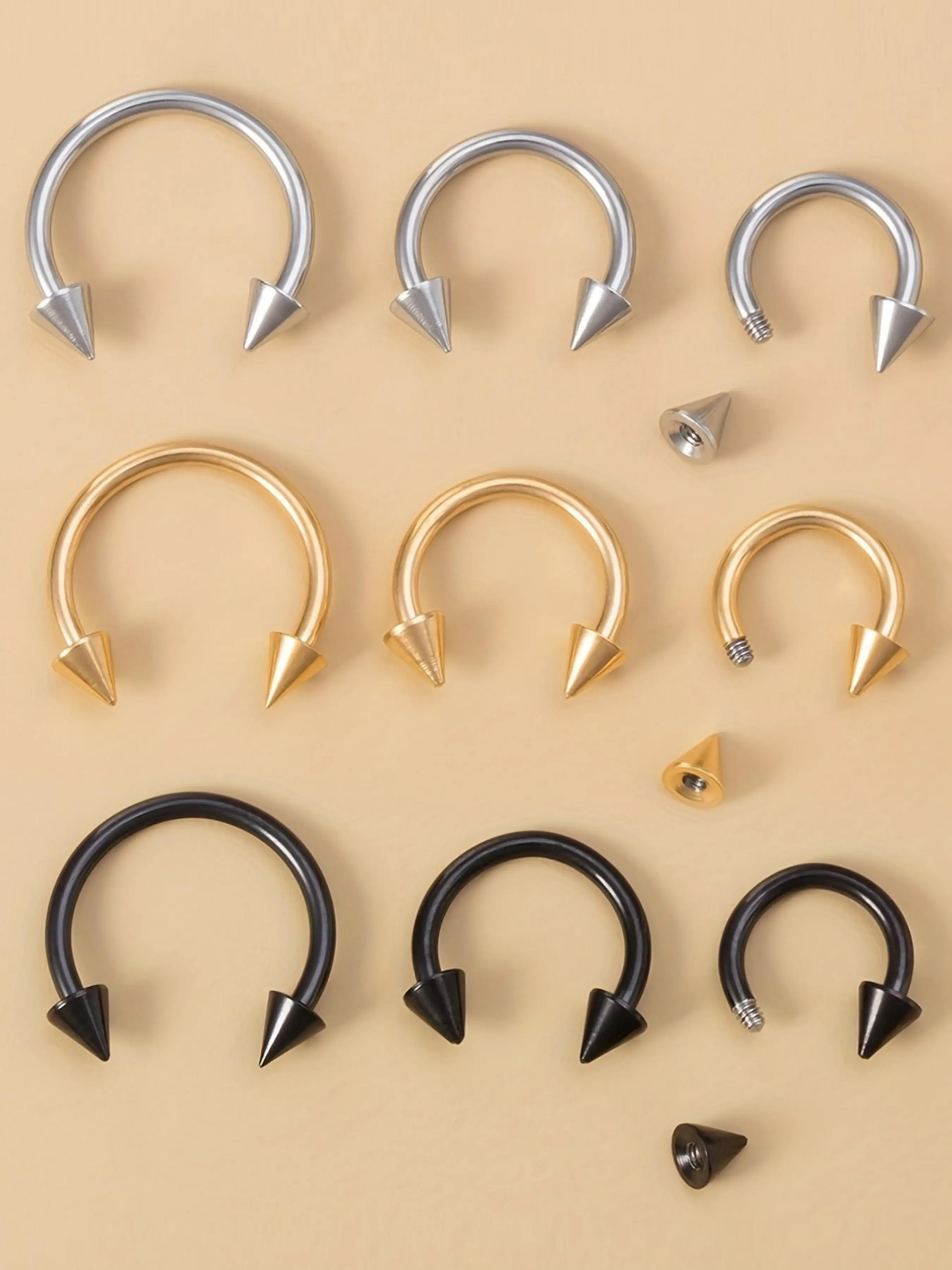 3pcs 6/8/10mm Spike Nose Septum Piercing Rings, Stainless Steel Horseshoe Hoop, Punk Earring, Eyebrow Tragus Lip Piercing Ring 16g, Septum Pierced Ring, Nose Ring Jewelry, Body Piercing Jewelry, Nose Rings Hoops