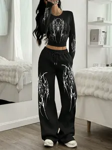 Women's Slim Fit Round Neck Long Sleeve Top + Casual Straight Leg Sport Pants Set, Gothic Print, Loose-Fitting, All Seasons, Athleisure Wear Set