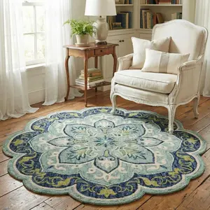 Bronx Contemporary Medallion Hand-Tufted Wool Indoor Round Area Rug, Teal