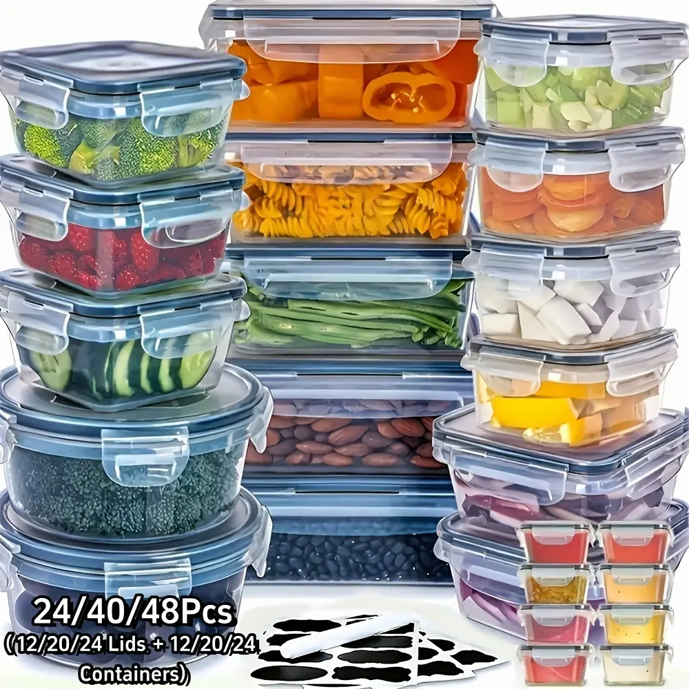 24/40/48pcs Food Storage Container, Fresh-Keeping Boxes, Easy-To-Secure Lids (12/20/24 Lids + 12/20/24 Box)- Airtight Plastic Containers for Food, Suitable for Pantry, Travel, Outdoor Picnics, Kitchen Organization Additions, with Labels Marke