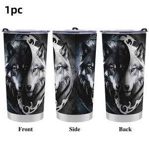 "1pc Yin Yang Animal Collection" 20oz Stainless Steel Travel Tumbler, Coffee Thermal Cup | Tiger, Wolf, Bear, Dragon & Bull Designs | Black & White Art | Leak-Proof Lid & Insulated | Perfect for Car, Work, or Spiritual & Wildlife Fan Gifting