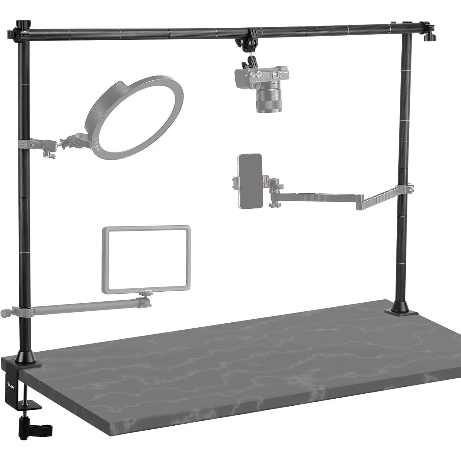LS15 Desk Overhead Camera Mount Rig Top-Down Shots, Professional Aluminum Tabletop Multi-Device Mount Platform for Product Photography/Video Making/Picture Taking/Live Stream and More