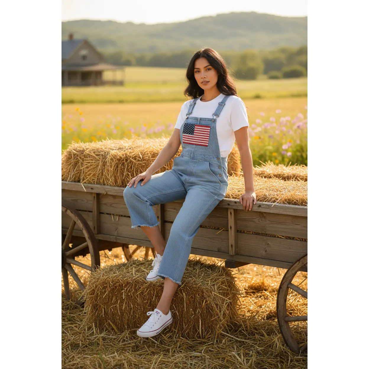 Medium - Upcycled Light Gray Capri Overalls with Quilted American Flag Bib
