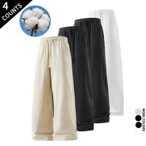 4-Pack Men’s Loose Fit Lightweight Linen Pants, Breathable Elastic Waist Casual Summer Trousers