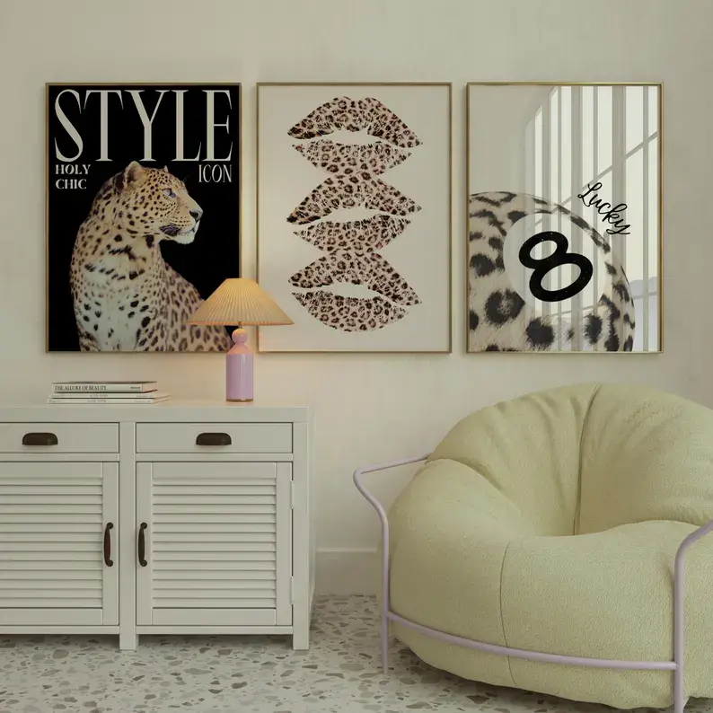 Style Leopard Maximalist Set of 3 Cheetah Wall Art Print, 8 Ball Lucky Pool Print, Retro Beige Kiss Aesthetic Printable