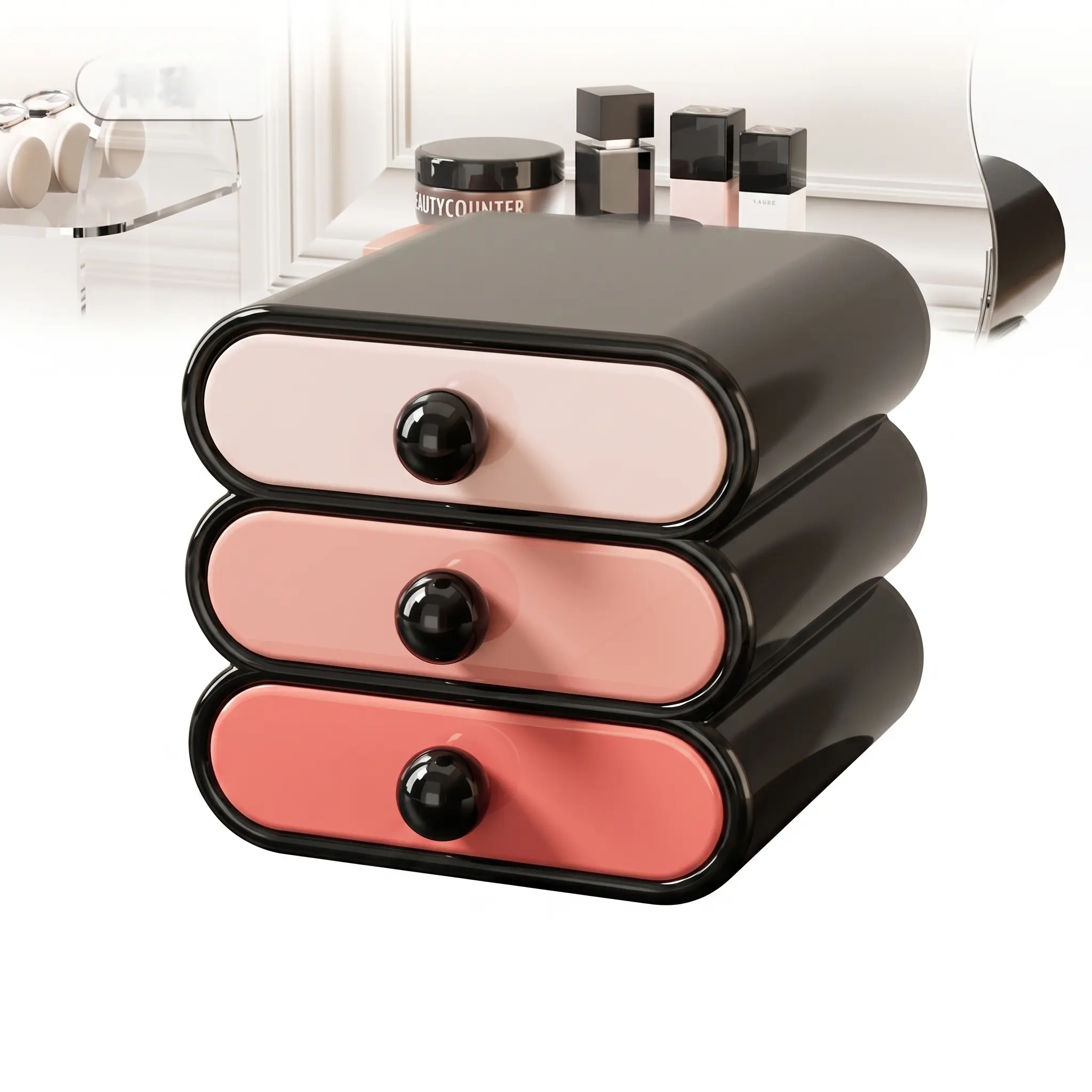 3 Drawer Black Pink Makeup Organizer Aesthetic Vanity Desk Storage