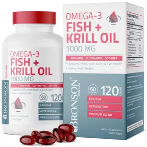 Bronson Omega-3 Fish + Krill Oil 1000 MG EPA DHA Astaxanthin Premium Blend - Joint, Brain & Eye Health - Non GMO, Heavy Metal Tested, 120 Softgels Fitness Supplement