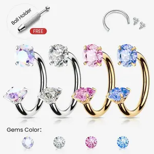 20G/18G Titanium Metal Horseshoe Nose Ring (with Ball Support) Internal Thread Gemstone Lightweight
