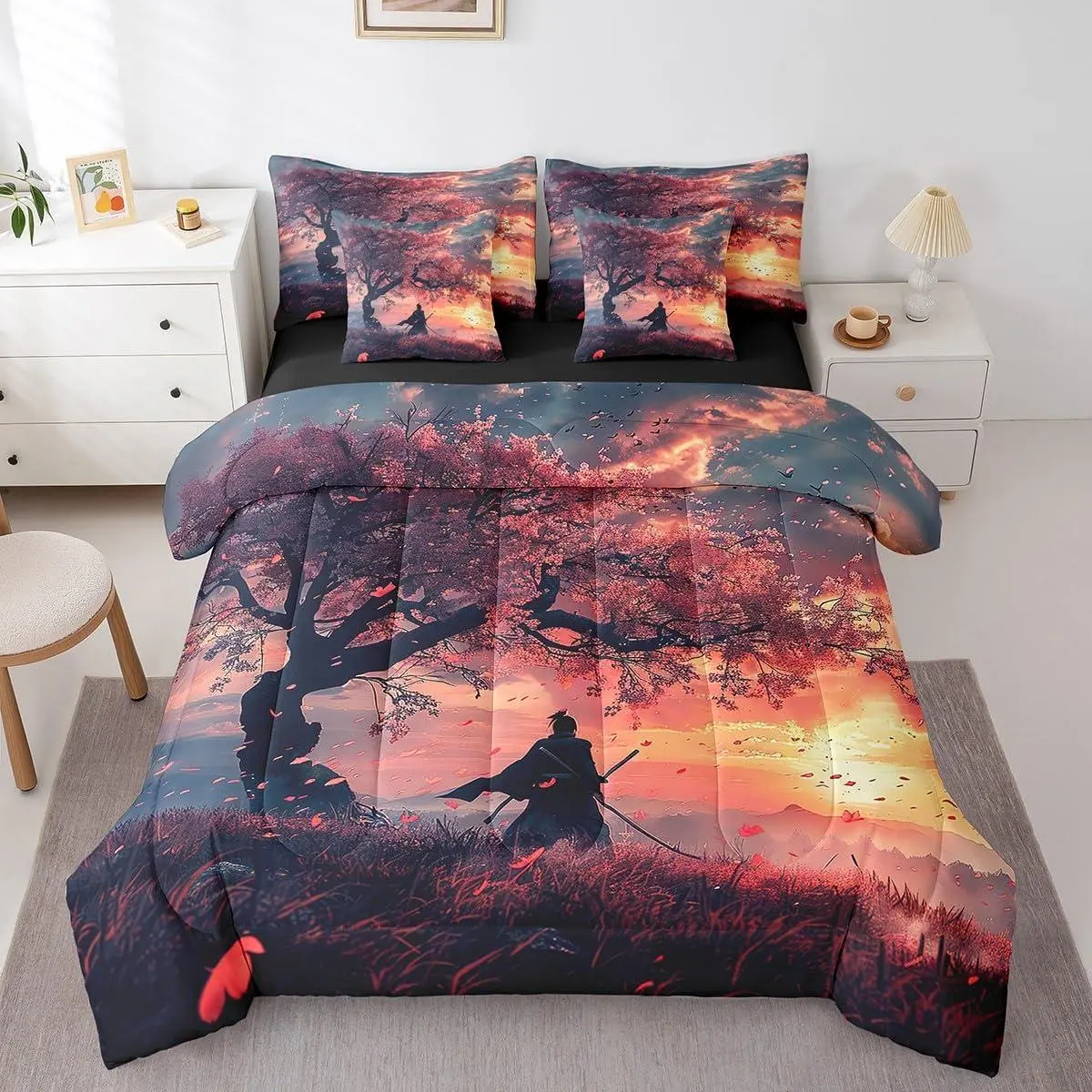 Japanese Samurai Bed in a Bag 7-Piece Chic Cherry Blossoms Bedding Set,Natural Sunset Comforter Set Mountain Tree Reed Marsh Bedding Comforter Sets,Asian Oriental Eastern Bed Set