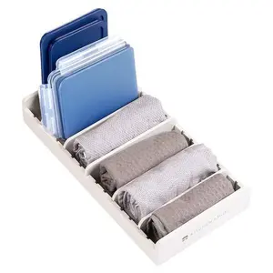 Bamboo Kitchen Towel and Food-Storage Organizer, Perfect for Kitchen Drawers, Cabinets, Pantry, 5 Adjustable Wall Inserts, Non-Slip Feet, Organize Food Containers, Food-Safe White Finish Racks