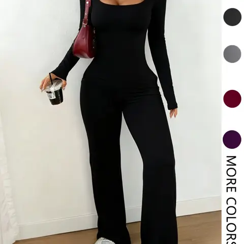 Suggest choosing one size smaller，Women's Long Sleeve Jumpsuit, Plain Color, High Waist, Elastic Bell Bottoms, Adjustable Strap, Casual Loose Fit, All Seasons