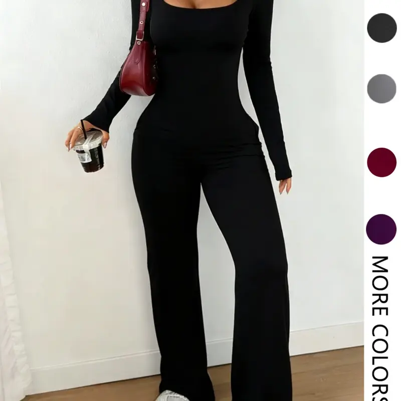 Suggest choosing one size smaller,Women's Long Sleeve Jumpsuit, Plain Color, High Waist, Elastic Bell Bottoms, Adjustable Strap, Casual Loose Fit, All Seasons