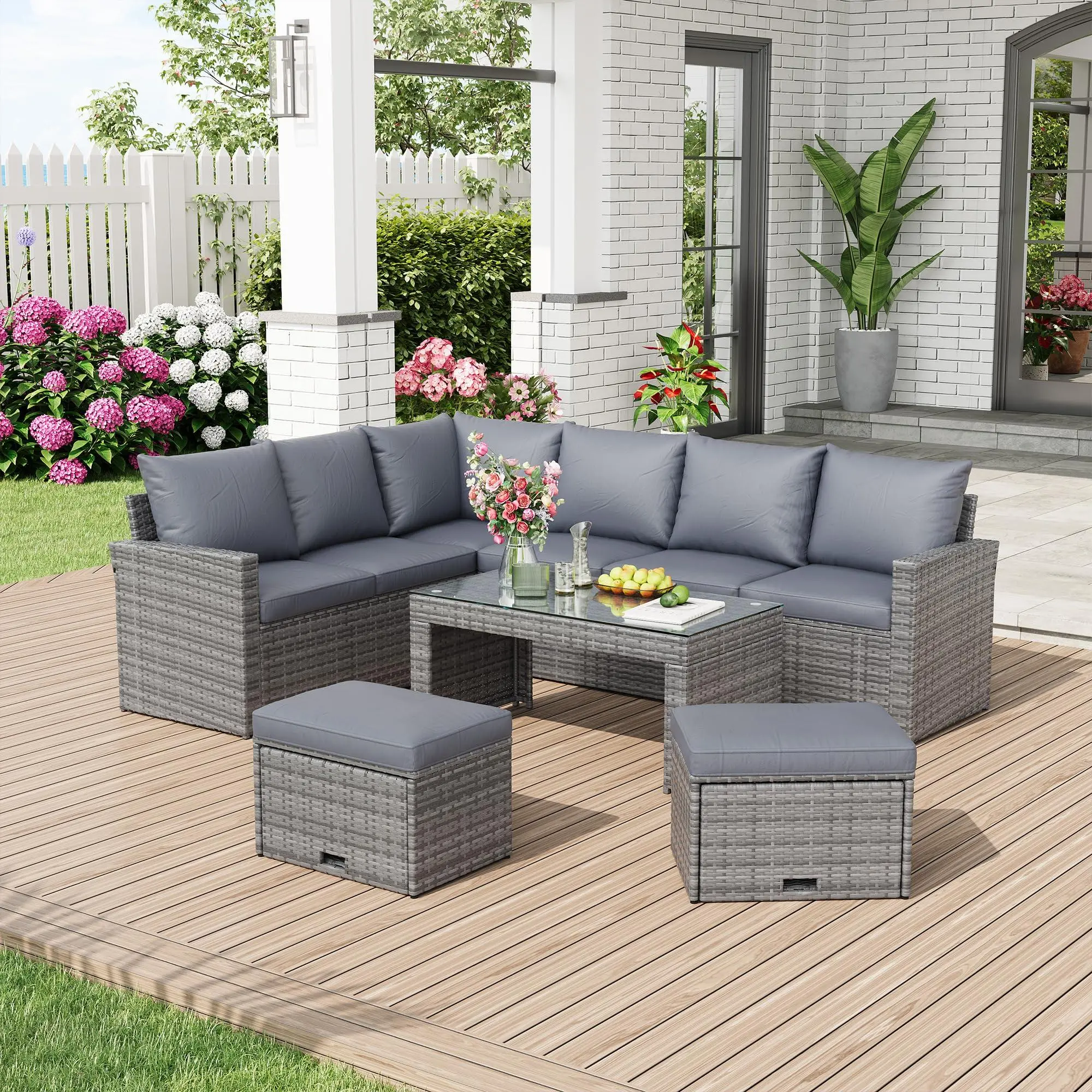 5 Pieces Outdoor Patio Furniture Set with Cushions, PE Rattan Wicker Sofa, 87-Inch Woven Couch with Gray Cushions, Indoor Living Room Furniture for Balcony, Porch, Sunroom Gray-Black Rattan