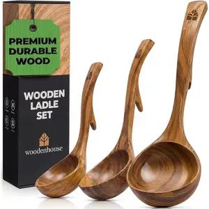 3 Size Teak Wood Ladle Spoon with Back Hooks for Pot & Bowl Non-Stick Wooden Spoon Set for Cooking Serving and Stirring Soup