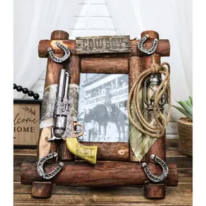 Rustic Western Cowboy Pistol Lantern Horseshoes Ropes Faux Wood Photo Frame 5X7