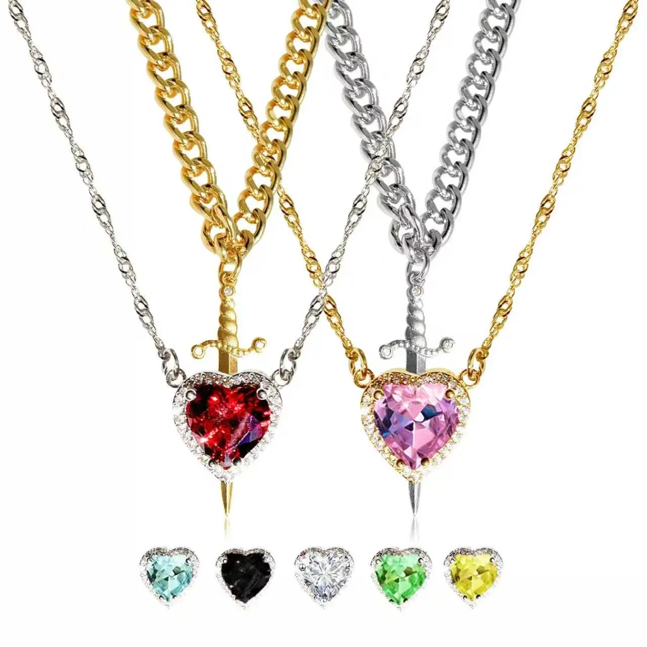 18K Plated Heart Sword Pendant Necklace for Women Men, Couple Matching Necklace, CZ Crystal Heart Charm Jewelry Gift