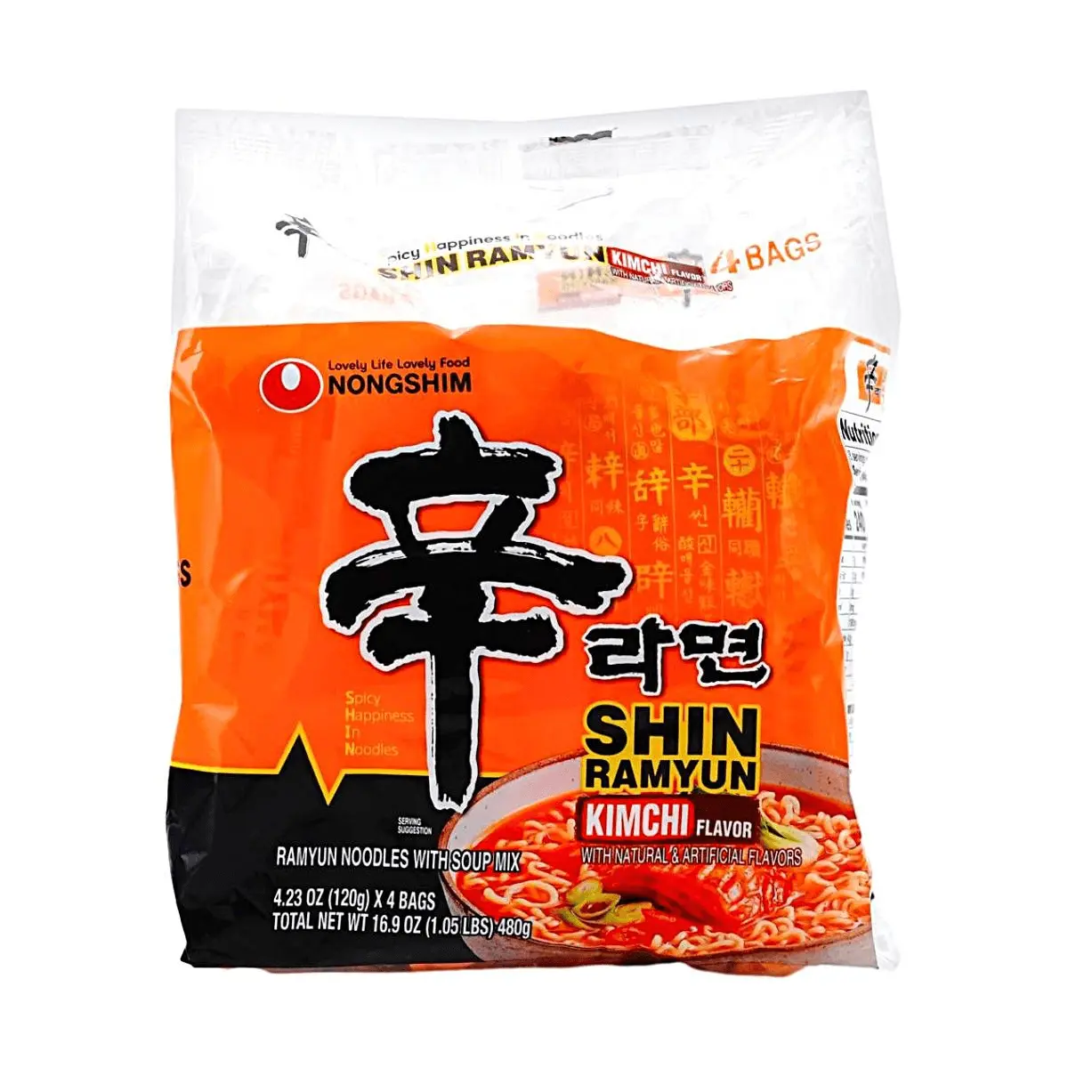 Nongshim Shin Ramyun Kimchi Flavor Noodle Soup, 4-Pack (480g) - Authentic Korean Spicy & Sour Taste, Instant Ramen for Quick Meals