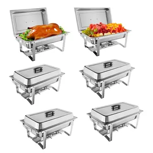 8QT Chafing Dishes for Buffet - 6-Pack Stainless Steel Set with Lids, Water Pans, Fuel Holders & Frames for Complete Food Warmer for Parties & Events