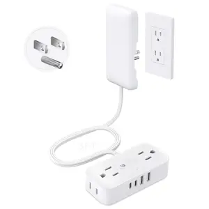 3FT Flat Extension Cord with Ultra-Thin Outlet Cover, Flat Wall Plug Power Strip with 4 AC 4 USB Ports,  Outlet Extender for Tight Spaces, 10A/1250W, 900J Surge Protection, White
