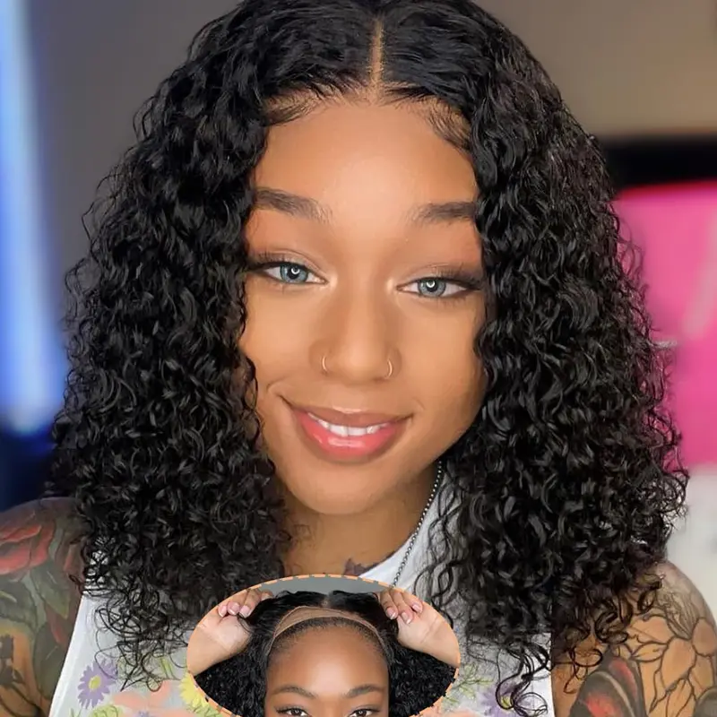 Deep Wave BOB Wig Human Hair 4x4 HD Curly BOB Lace Front Wigs Human Hair Pre Plucked Wear And Go Glueless Short Curly Frontal BOB Wigs For Black Women Wet And Wavy