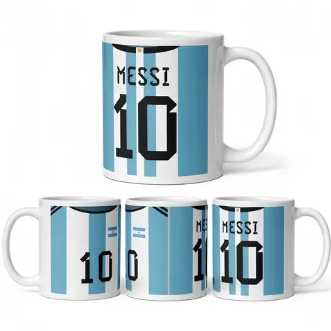 Lionel Messi-Inspired Argentina-Themed Personalised Ceramic Beverage Mug - Home 11oz, Football Shirt Design, Ceramic Body & Handle, Kitchenware Gift for Messi Enthusiasts, Stylish, Birthday