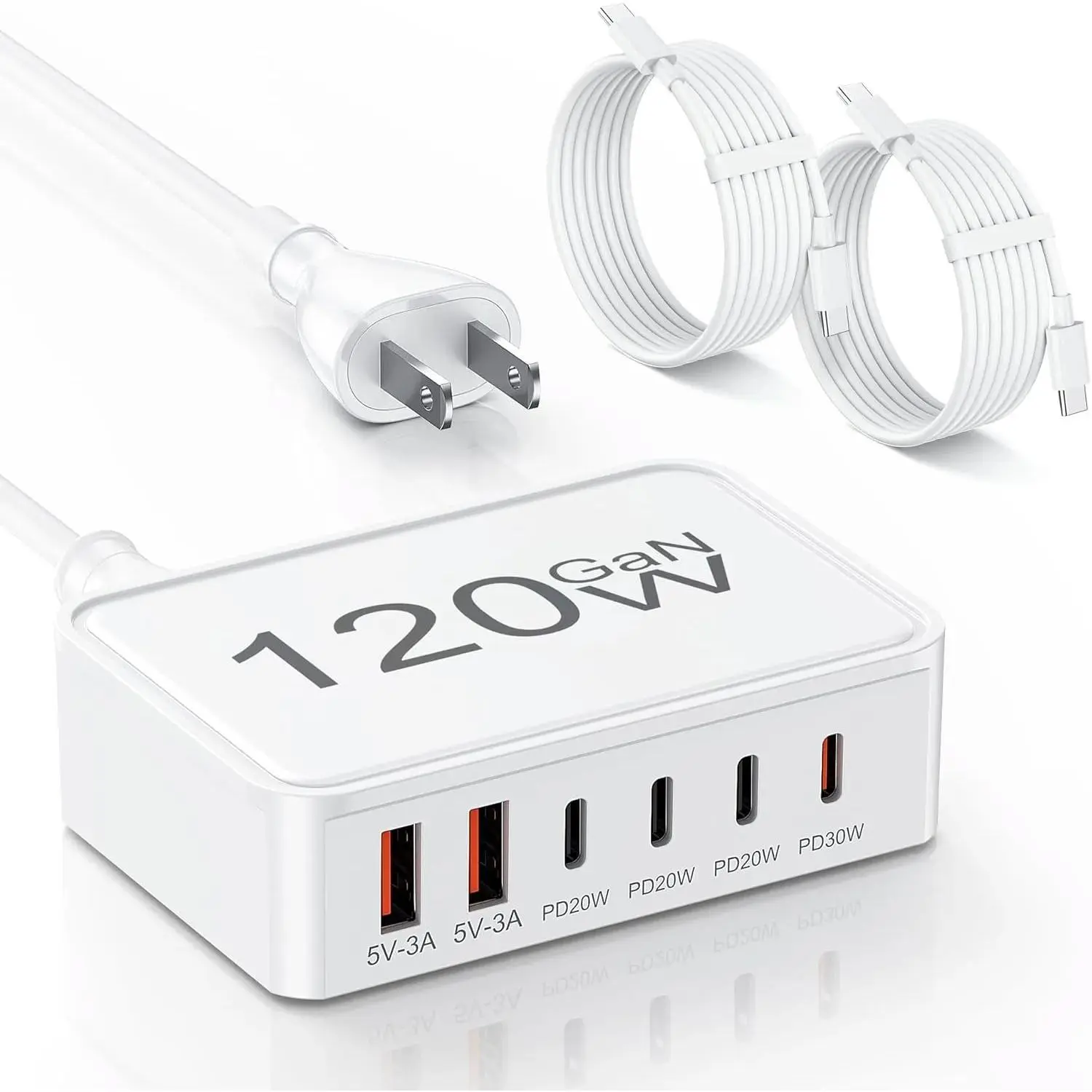 USB C Charger Block,120W GaN 6 Port Type C Fast Charging Station Hub,5FT Cord USB C Wall Charger Adapter Plug for iPad, iPhone 17, 16, 15, 14, 13, 12 Pro Max, Pixel, Galaxy and More