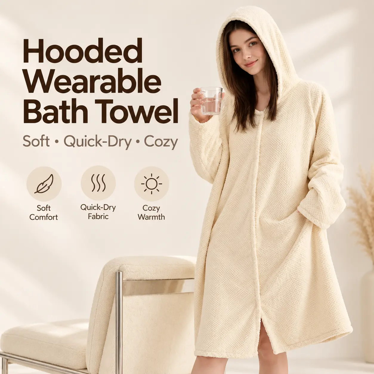 Lady's Plush Unisex Long Sleeve Hooded Fleece Bathrobe, Baggy Full-Length Winter Sleepwear House Coat