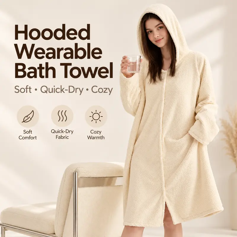 Women's Plush Long-Sleeve Hooded Fleece Bathrobe - Fabric Wrap Gown, Baggy Full-Length Winter Sleepwear & Loungewear Pajamas