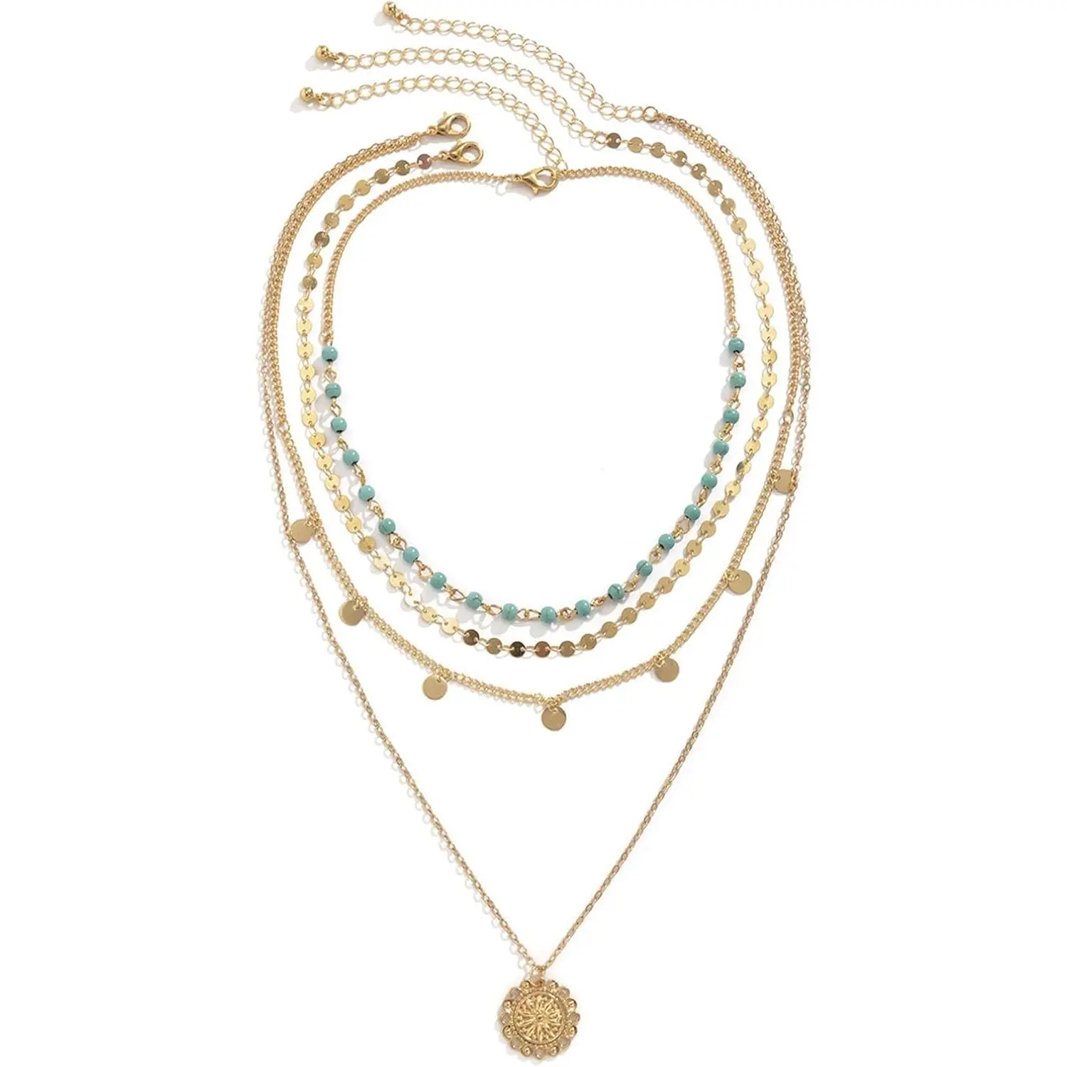 Gold Layered Turquoise Necklace for Women Multi Boho Turquoise Long Necklace Bohemian Coin Pendant Necklace Jewelry