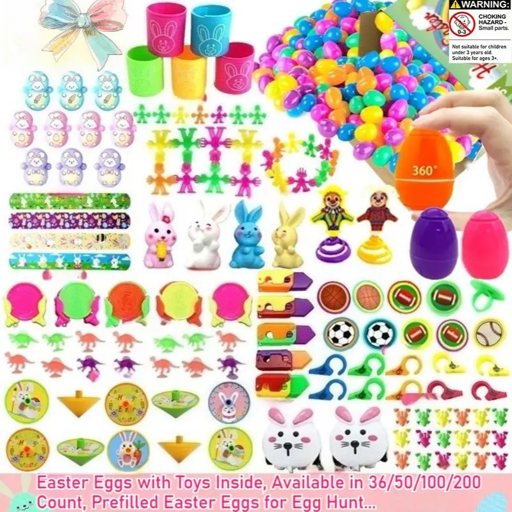 Easter Eggs with Bunny Rabbit Toys Inside, 36/50/100/200 Pcs Prefilled Easter Eggs for Egg Hunt, Bulk Easter Basket Stuffers Fillers, Pre-Filled Surprise Eggs for Kids Party Favors Classroom Prizes, Random Surprise Set