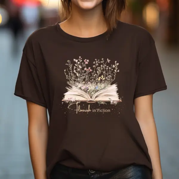 Flourish in Fiction T-Shirt, Vintage Floral Print T-Shirt, graphic short sleeve t-shirt, women's plus size floral t-shirt, tee graphic, graphic t-shirt, women shirts, vintage t-shirt, vintage floral t-shirt, Flowers Print Casual Short Sleeve T-shirt