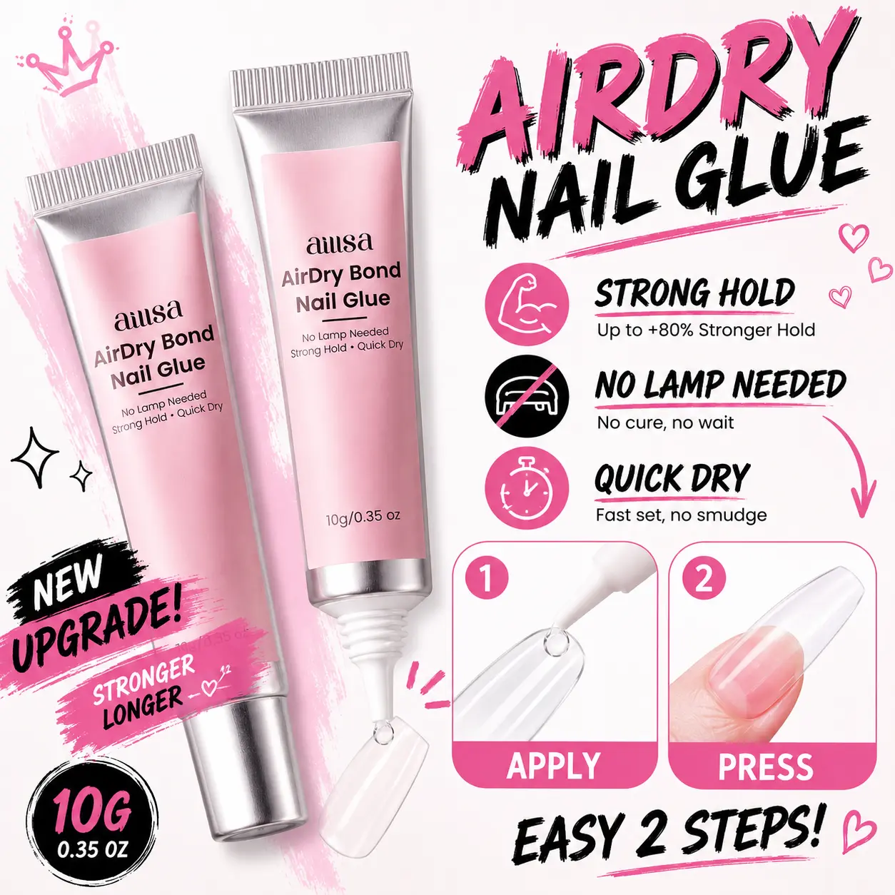 AILLSA 2Pcs AirDry Bond Nail Glue for Press On Nails, Strong Hold Quick Dry Nail Glue Set, No UV LED Lamp Needed, Long Lasting Easy Apply Nail Adhesive for Fake Nails Acrylic Tips TikTokShopBackToSchool sohochic