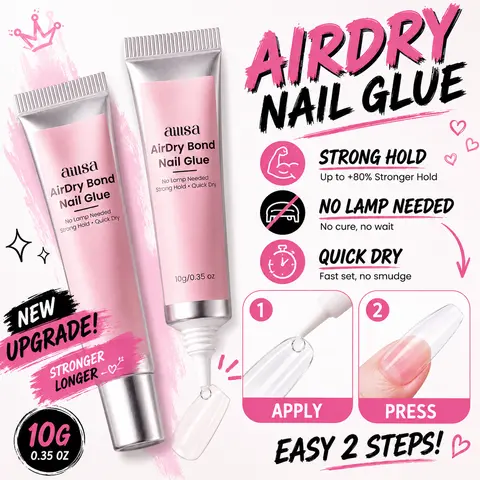 AILLSA 2Pcs Air-Dry Nail Glue Set, Strong-Hold Quick-Drying Adhesive for Press-On Acrylic Tips, No UV LED Lamp Needed, Easy-to-Apply Long-Lasting Nail Care Supplies, Sohochic, Nail Glue Strong Hold